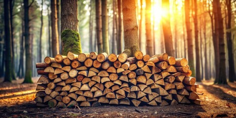 Poster - A neatly stacked pile of firewood rests at the base of trees in a sun-dappled forest.