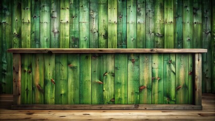 Poster - Rustic Wooden Countertop Display Against a Weathered Green Wooden Wall