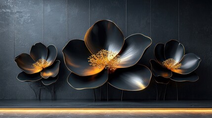 Sticker - Stylized black, gold flower wall decor.