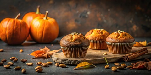 Poster - Autumnal Treats  Three Delicious Pumpkin Spice Muffins with Almonds and Cinnamon Sticks Beside Small Pumpkins and Fall Leaves on Rustic Table