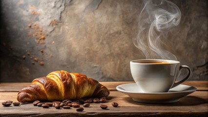Aufkleber - Aromatic Coffee with a Buttery Croissant and Roasted Beans on Rustic Wood