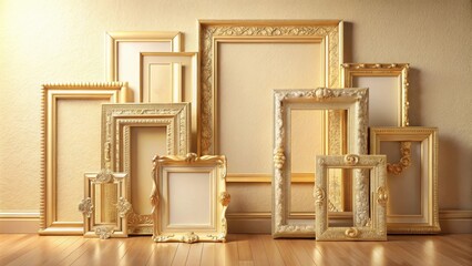 Aufkleber - A Collection of Ornate Gold Picture Frames of Varying Sizes and Styles Lean Against a Wall