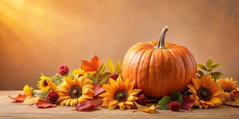 Poster - Autumnal Harvest Display  A vibrant pumpkin rests amongst sunflowers and autumn leaves on a rustic wooden surface, bathed in warm, golden light.