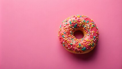 Poster - A single, pink, sprinkle-covered donut on a pink background