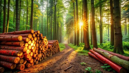 Poster - Sunlit Forest Path with Stacked Logs at Sunrise