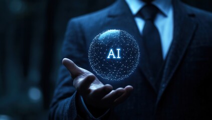 Poster - Business professional in a suit holding a glowing sphere with AI letters, representing artificial intelligence and technology innovation in a modern digital world