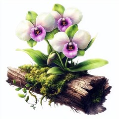 Wall Mural - Beautiful Orchid Flowers on Mossy Log with Lush Greenery and Natural Background