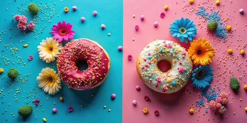 Canvas Print - Sweet Treats and Floral Delights A Colorful Donut and Flower Arrangement on a Two-toned Background