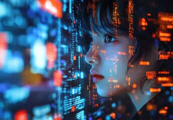 Poster - Captivating Profile of a Young Woman Surrounded by Digital Data, Illustrating the Intersection of Technology and Human Emotion in a Futuristic World