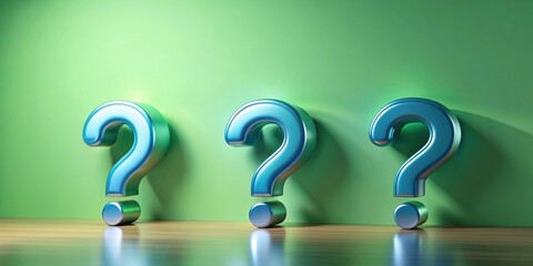 Poster - Three metallic blue question marks stand against a green wall on a wood floor, symbolizing uncertainty and inquiry.