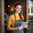 © Yuudaishin - Young Female Barista Using a Tablet to Enhance Customer Experience in a Vibrant Café Setting