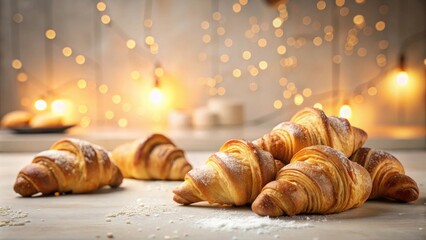 Aufkleber - A delightful collection of golden-brown croissants, dusted with powdered sugar, sits on a table against a warm, bokeh-lit background.