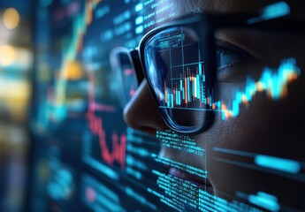 Aufkleber - Close-up of a focused individual analyzing digital financial data on computer screens, showcasing stock market trends and futuristic technology in a modern setting.