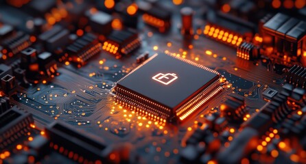 Poster - Close-up of a glowing microchip on a circuit board showcasing intricate connections and advanced technology with vibrant orange illumination and fine details