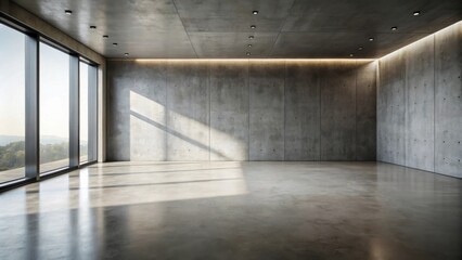 Poster - Spacious Modern Room with Concrete Walls and Floor, Sunlight Streaming Through Large Windows