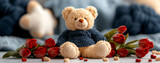 cute teddy bear toy sits among vibrant red tulips, creating warm and inviting atmosphere. soft textures and colors evoke feelings of comfort and joy