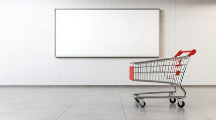 shopping cart stands in front of blank billboard, creating minimalist scene. empty space evokes curiosity and potential