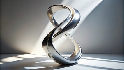 Poster - sleek metallic sculpture with intertwining curves, illuminated by dramatic light rays, creating a mo