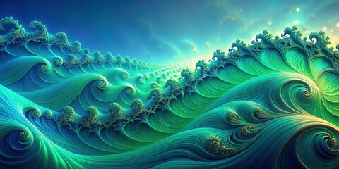Poster - Abstract Teal and Green Swirling Wave Pattern, an Artistic Digital Rendering of a Fantastical Seascape