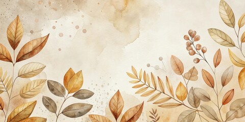 Aufkleber - Elegant Autumnal Botanical Watercolor Design Featuring Delicate Leaves and Berries on a Soft Beige Background
