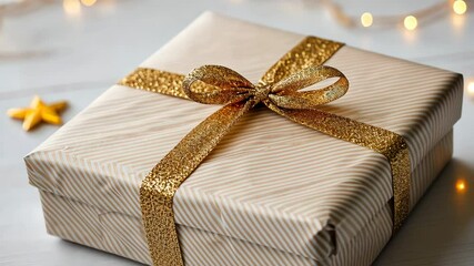 Wall Mural - Beautifully Wrapped Gift Box with Golden Ribbon Perfect Present for Any Occasion