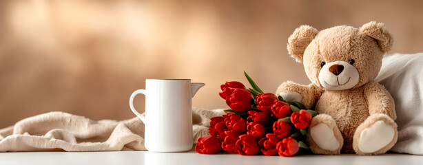 Wall Mural - cozy Valentine Day scene featuring teddy bear, red tulips, and white pitcher. This warm and inviting setup evokes feelings of love and affection