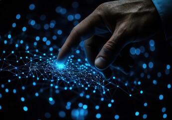 Poster - Close-up View of a Human Hand Interacting with a Digital Network of Blue Light Dots and Lines, Symbolizing Connectivity, Technology, and Innovation in the Digital Age
