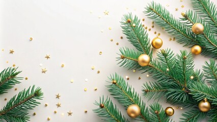 Poster - Elegant evergreen branches adorned with gold spheres and shimmering stars create a festive winter scene