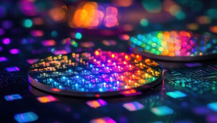Poster - Close-Up View of Colorful Light Reflection on Metallic Surfaces with Vibrant Bokeh Background Creating a Stunning Visual Representation of Technology and Innovation