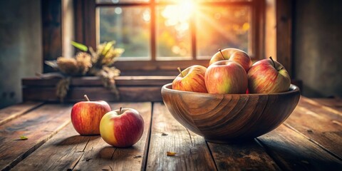 Poster - Rustic wooden bowl overflowing with ripe, red and yellow apples on a weathered wooden table, bathed in warm, autumnal sunlight.