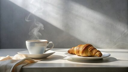 Poster - A steaming cup of coffee and a freshly baked croissant on a white table in sunlight
