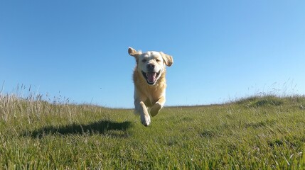 Wall Mural - a labrador retriever dog of a joyful golden retriever running towards the viewer in a grassy field w