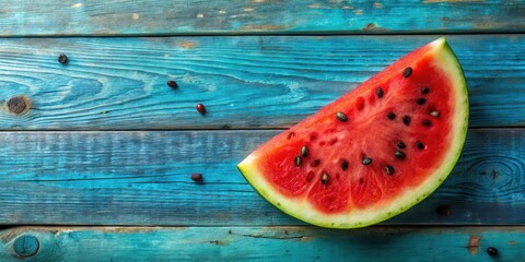 Poster - Juicy Watermelon Slice on a Rustic Blue Wooden Background