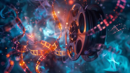 Poster - An abstract illustration of a film reel unraveling, transforming into a flow of glowing stories