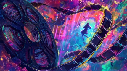 Poster - An abstract illustration of a film reel unraveling, transforming into a flow of glowing stories
