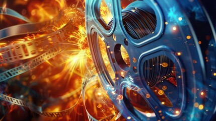 Poster - An abstract illustration of a film reel unraveling, transforming into a flow of glowing stories
