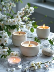 Wall Mural - Candles and small white flowers arranged on a marble surface, creating a calm and soothing ambiance.