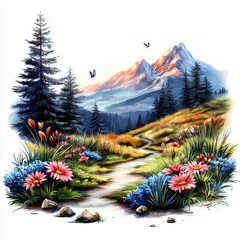 Wall Mural - Colorful Floral Landscape with Majestic Mountains and Serenity of Nature's Beauty