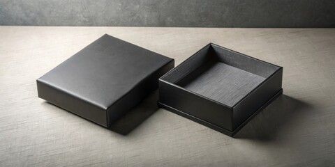 Poster - Elegant black gift box with gray interior, open and closed, on a neutral surface