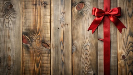 Wall Mural - Rustic Wooden Background with a Vibrant Red Satin Ribbon Bow