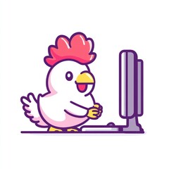 Poster - Happy chicken using desktop computer, white background, cartoon illustration, social media