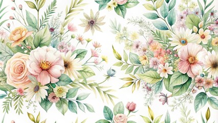 Poster - Elegant Watercolor Floral Pattern Featuring Delicate Blooms and Lush Greenery