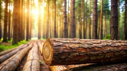Poster - Sunlit Forest Logging A Close-Up of a Freshly Cut Log in a Pine Forest