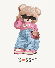 Wall Mural - sassy slogan with cute bear doll in pastel grunge fashion vector illustration