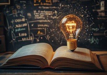 Poster - Creative Concept of Knowledge and Innovation with an Open Book and a Glowing Light Bulb Symbolizing Ideas and Learning in a Modern Classroom Setting