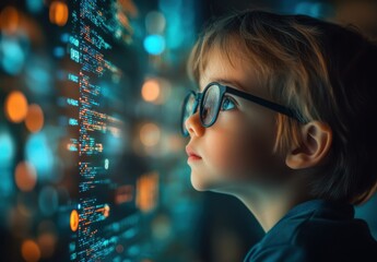 Poster - Curious Child in Glasses Staring at Colorful Digital Code Display, Exploring Technology and Future Possibilities in a Modern Learning Environment