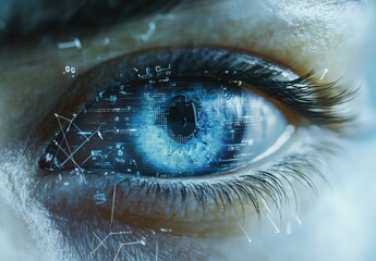 Poster - Detailed Close-Up of a Human Eye with Digital Overlay Representing Technology, Data and Innovation with Blue Tones and Futuristic Elements