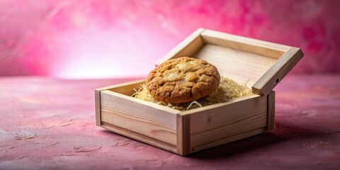 Poster - A single delicious baked cookie rests gently in a small wooden box, nestled on a soft pink surface.