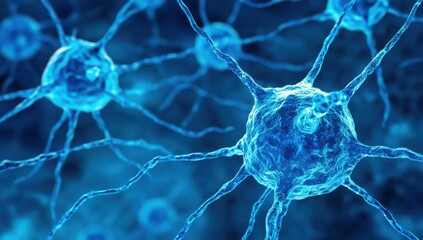 Poster - Detailed View of Blue Neurons in a Complex Network Representing Neural Activity and Communication in a Digital Style, Ideal for Science and Technology Themes