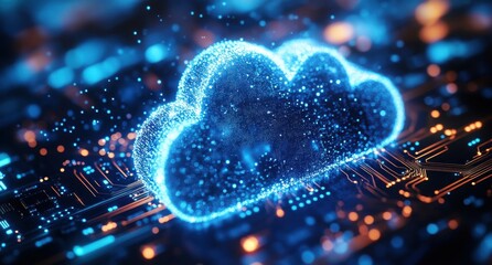 Poster - Digital Cloud Computing Concept with Neon Lights and Circuit Board Background, Representing Data Storage and Technology Innovations in a Modern Environment
